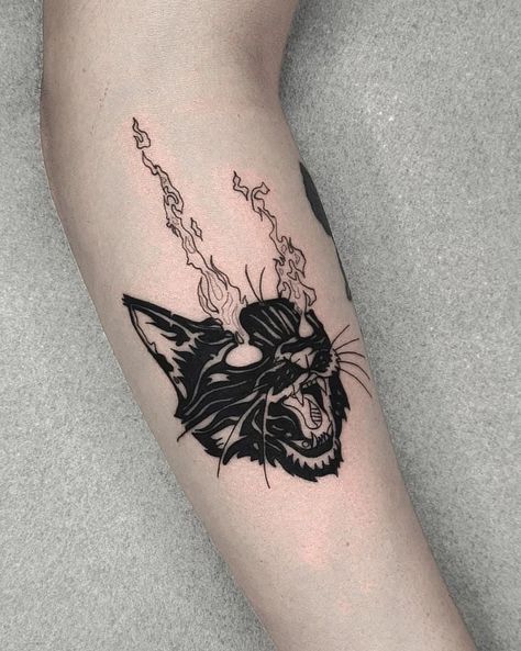 Black Cat Knee Tattoo, Scary Black Cat Tattoo, Cat Neck Tattoo, Devil Cat Tattoo, Goth Cat Tattoo, Demon Cat Tattoo, Angry Cat Tattoo, Demon Cat, Monster Tattoo