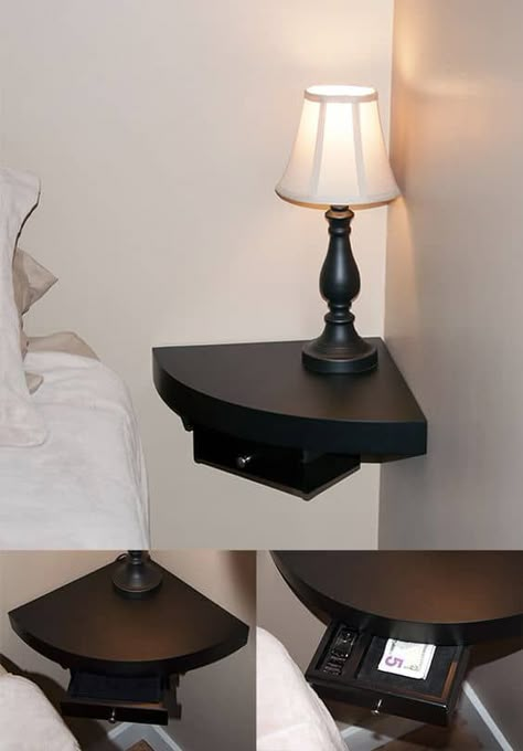 -the-corner-nightstand - They say little things can make a big impact. That's true, especially when it comes to furniture. Sometimes, even a small thing such as a nightstand c... #Nightstand Night Stands Ideas, Floating Bedside Table, Floating Shelves Bedroom, Small Nightstand, Apartment Storage, Floating Shelves Diy, Night Stands, Trendy Bedroom, Bedroom Night Stands