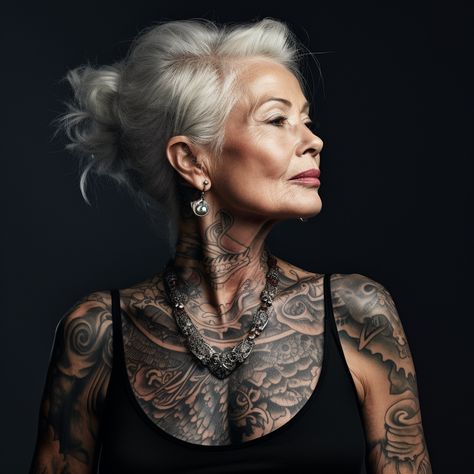 Older Women With Tattoos, Old Women With Tattoos, Woman With Tattoos, Lady Tattoo, 50 Tattoo, Silver Haired Beauties, Grey Hair Inspiration, Tattoed Women, Tattooed Women