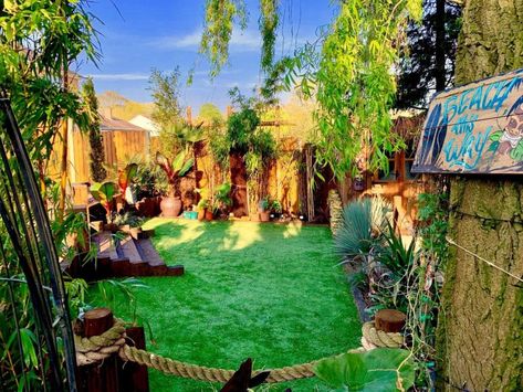 Devoted husband spent two years and £35K turning garden into tropical oasis for wife who couldn't go on holiday Tiki Garden, Disabled Dog, Eco Garden, Jungle Theme Birthday, Tiki Bar Decor, Tiki Decor, Tropical Backyard, Tiki Hut, Tiki Room