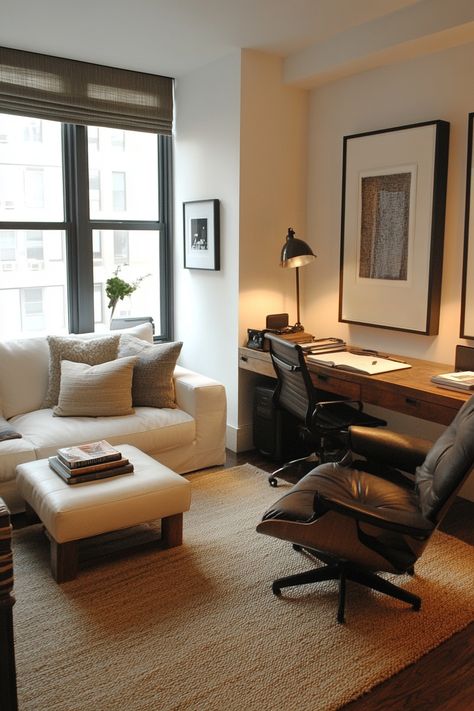 office living room combo Modern Man Office Ideas, Office And Couch Room, Masculine Office Seating Area, Modern Therapist Office, Office Set Up In Living Room, Sitting Room With Desk Layout, Lounge Area In Office, Men’s At Home Office, Living Room Study Area