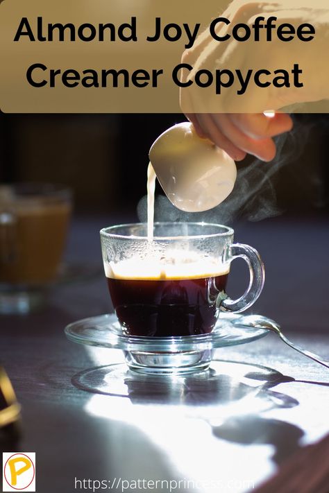 pouring homemade coffee creamer in a fresh brewed cup of coffee Almond Joy Coffee Creamer Recipe, Almond Joy Creamer Recipe, Almond Joy Coffee Creamer, Almond Joy Coffee, Coffee Creamer Container, Southern Recipes Desserts, Creamer Container, Homemade Coffee Creamer, Coffee Creamers