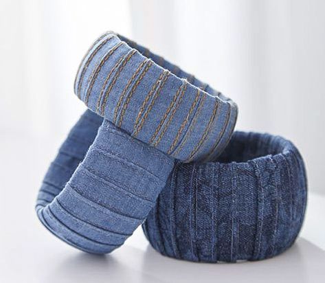 All week I've shared some cool denim recycling ideas created by Linda Griepentrog, did you try the Shirr Thing Bag from yesterday's post? It's worth a try! Denim accessories couldn’t be hotter, whether you choose a bleached option, indigo print... Denim Bracelets, Jute Accessories, Bracelet Trio, Denim Bracelet, Beginner Sewing Patterns, How To Tie Ribbon, Indigo Prints, Denim Projects, Denim Jewelry