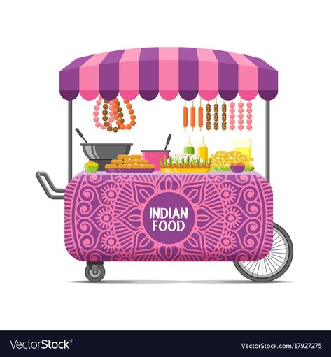 Indian street food cart colorful image Royalty Free Vector Street Food Cart, Street Food Design, Desi Street Food, Food Logo Design Inspiration, Indian Appetizers, Cart Design, Food Cart Design, Indian Illustration, Food Carts