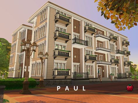 melapples' Paul - apartment building (no cc) Sims Apartment Exterior, Sims Appartement Building, Sims 4 Fancy Apartment, Sims 4 Houses Download No Cc, Cute Apartment Building Exterior, Sims4 Apartment Ideas, Apartment Mod Sims 4, Apartments Sims 4 Cc, Sims 4 No Cc Apartment