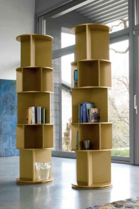 Cubic by Bonaldo is a column bookcase with a simple and modern design, ideal for any type of furniture. Available in both fixed and swivel versions Cubic can be both wall-mounted and free-standing, resulting in a decorative object that is perfect for use at home or in the office, also suitable for narrow spaces. #bookcase #bookcasefixed #bookcaseswivel #cubic #bonaldo #arredaremoderno Columns Decor, Revolving Bookcase, Loose Furniture, Camera Drawing, Interior Columns, Home Design Software, Column Design, Glass Cabinets Display, Bookshelf Design