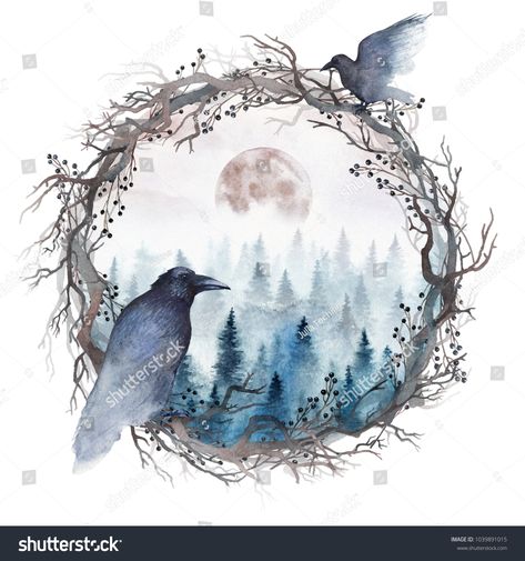 A foggy spruce forest with rising full moon inside of a wreath of bare branches with two black ravens. Watercolor illustration isolated on white. Ravens Wreath, Spruce Forest, Raven Tattoo, Black Raven, Crows Ravens, Winter Nature, Black Crow, 1 Tattoo, Fabric Panel