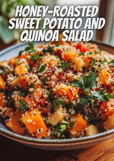 Hidden Recipes | This Honey-Roasted Sweet Potato and Quinoa Salad is a vibrant and nutritious dish, perfect for a light lunch or a hearty side | Facebook Salad Recipes Sweet Potato, Sweet Potato Salad Cold, Sweet Potato Salads, Sweet Potato And Quinoa, Salad Dressing Recipes Vinaigrette, Sweet Potato Quinoa Salad, Sweet Potato Salad, Best Salad Recipes, Salad With Sweet Potato