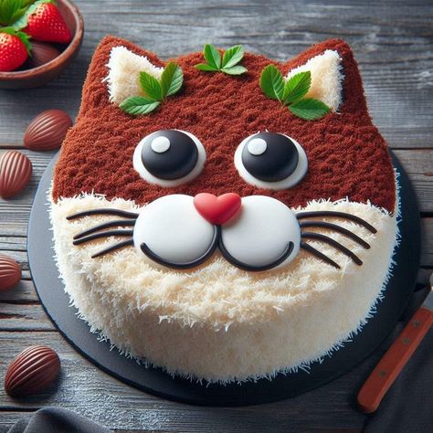 Cat Cake Decoration, Easy Cat Cake, Toddler Birthday Cakes, Cake Decorating Party, Birthday Cake Decorating Ideas, Creative Cake Decorating, Tea Party Food, Animal Cakes, Cake Decorating Ideas