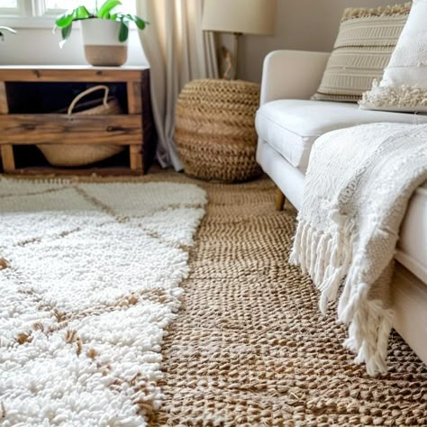 Layer Rugs Like a Pro: 3-Step Method To Get It Right 3 Rug On Top Of Jute Rug, Layered Rugs In Bedroom, Rug Over Beige Carpet, Layering With Jute Rug, Layering Multiple Rugs, Jute Rug With Rug On Top, Layering Jute Rug, Layering Rugs Dining Room, Layer Area Rugs In Living Room