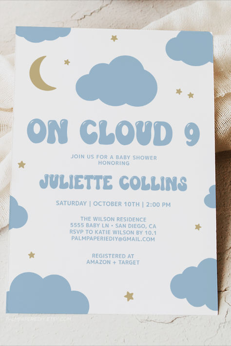 Cloud theme baby shower ideas. These On Cloud 9 baby shower invitations are perfect for a sky theme with stars and clouds. On Cloud 9 Baby Shower Invitation, Cloud Theme Baby Shower Ideas, Clouds Invitation, Theme Baby Shower Ideas, Cloud Theme, Birthday Stuff, Baby Shower Theme, Cloud 9, Baby Ideas