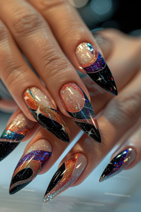 Modern Designs for Long Nails! - Mom and Newborn Gem Stone Nail Art, Constellation Nail Designs, Nail Art Celestial, Galactic Nail Designs, Astrology Nail Designs, Big Star Nails, Nail Eye Design, Saturn Nails Design, Space Inspired Nails