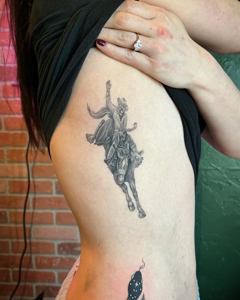 Tattoos For Cowboys, Cowboy Angel Tattoo, Western Style Tattoos For Women Sleeve, Cowgirl Skull Tattoo, Bronco Tattoo, Western Thigh Tattoo, Western Underboob Tattoo, Cowgirl Skeleton Tattoo, Western Sister Tattoos