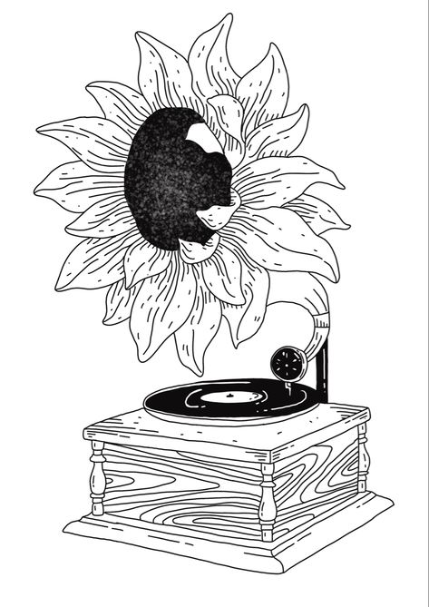 Record Player Tattoo, Acoustic Wallpaper, Drum Tattoo, Cupid Tattoo, Animal Tattoo Ideas, Armband Tattoos, Music Flower, Sunflower Drawing, Flower Sunflower