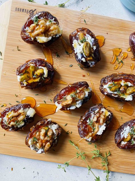 5 Ways to Stuff Dates Goat Cheese Stuffed Dates, Cheese Stuffed Dates, Dates Stuffed, Stuffed Dates, Cheese Appetizer, Date Recipes, Quick And Easy Appetizers, Charcuterie Recipes, Medjool Dates