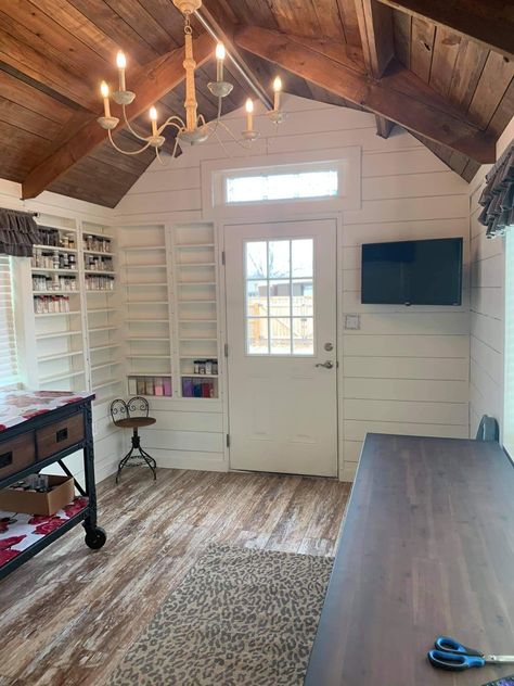 Playhouse To She Shed, She Shed Farmhouse Style, She Shed Work Space, She Shed With Bathroom Plans, 10x16 Craft Shed Interior, She Shed Wood Shop, He Shed Interior Ideas, Shed Converted To Salon, She Shed Small Business