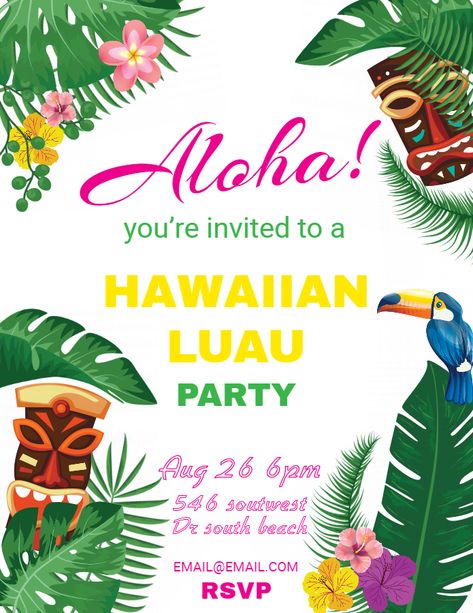 Hawaiian party invitations Luau flyer template design. Hawaiian Luau Party Invitations, Hawai Party, Luau Birthday Party Invitations, Hawaiian Invitations, Luau Party Invitations, Luau Birthday Invitations, Luau Invitations, Hawaiian Party Theme, Aloha Party