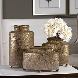 Uttermost Accessories, Uttermost Furniture, Gold Vases, Rustic Contemporary, Gold Ceramic, Metal Ball, Ceramic Vessel, Vase Design, Ceramic Vases