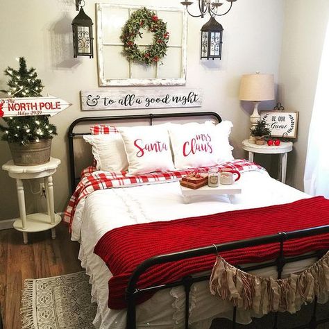 HOLIDAYSCHRISTMAS100 Red And White Decor, Christmas Bedding, Farmhouse Bedding, Christmas Decorations Bedroom, Christmas Room Decor, White Christmas Decor, Christmas Bedroom, Christmas Room, Farmhouse Christmas Decor