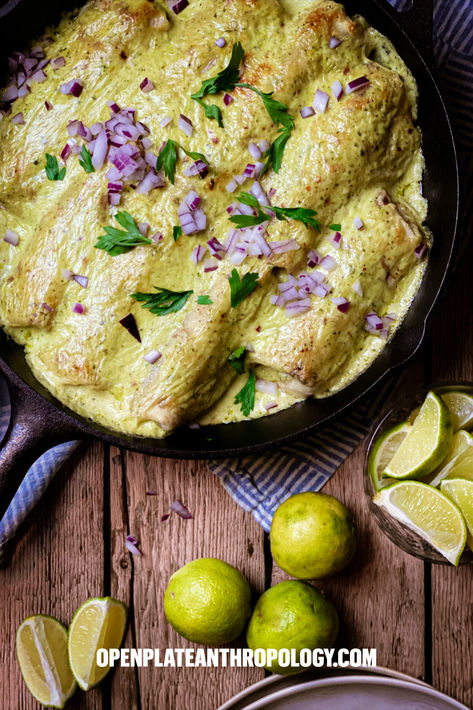 Everyone loves enchiladas, but these take that zesty poblano and make a divine sauce as well as decadent interior.  It's comfort and healthy all in one. #openplateanthropology #enchiladas #poblanos #mexicanfood #comfortfood #dinner #onmytable #foodporn #decadence #yum #eatwithyoureyes #homemadesauce #scrumptious Chicken Poblano Enchiladas, Decadent Interior, Poblano Chicken Enchiladas, Authentic Enchiladas, Poblano Enchiladas, Enchiladas Potosinas, August Recipes, Poblano Chicken, Poblano Sauce