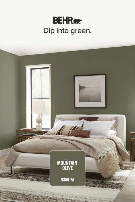 Spa Inspired Bedroom, Green Interior Paint, Olive Green Bedrooms, Cozy Window, Mens Bedroom Decor, Olive Green Walls, Color Of The Month, Behr Paint Colors, Verdant Green