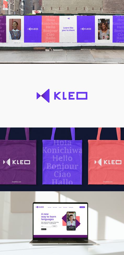 Fellow Studio - Kleo - Transporting People with Language Learning – Fellow saw purple as an area of opportunity when it came to colour. Purple was not used by direct competitors within the industry, allowing for originality and ownership. Being aware of the tech space, purple also gave Kleo a warmth that other associated colours did not– and created a sense of intelligence and expertise. – #education #branding #branddesign Brand Language, Education Branding Design, Education Branding, Education Brand Identity, Purple Branding, Tech Logo Color Palette, Tech Brand Identity, University Branding Visual Identity, Brand Identity Design Purple