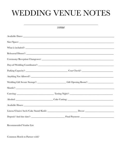 Conquer your wedding venue search with this downloadable, comprehensive worksheet! Print as many as you need to stay organized through every venue tour.  From available dates and space size to catering options and vendor recommendations, this two-page document helps you capture every essential detail.  Plus, a dedicated space for sketching the venue layout ensures you visualize the space perfectly.  Make informed decisions with ease. 
.#WeddingPlanning #BrideToBe #WeddingInspiration #EventPlanning #DreamWedding Wedding Contact Sheet, Wedding Planning Sheets, Wedding Planning Worksheets, Wedding Digital Planner, Wedding Planning Template Free Printable, Venue Comparison Worksheet, Wedding Binder Table Of Contents, Wedding Planning 101, Wedding Planning Printables Free