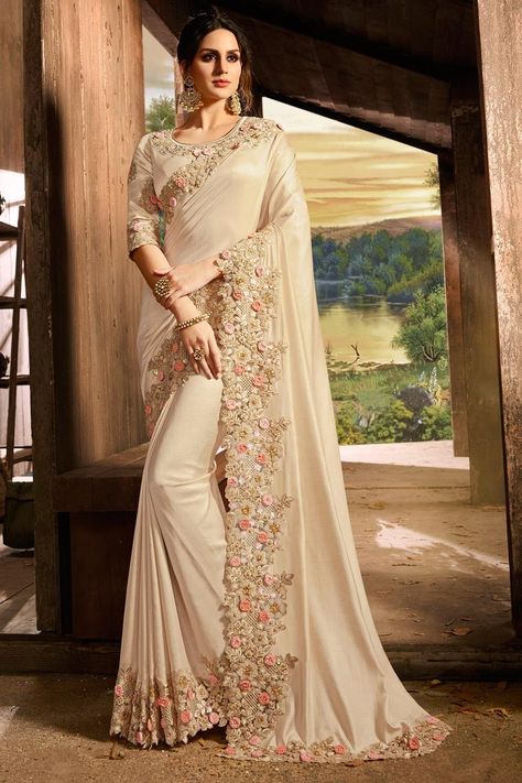 Occasion Wear Art Silk Saree In Cream Color With Border Work Gaun Fashion, Saree Designs Party Wear, Salwar Kamiz, Indian Sarees Online, Ghagra Choli, Designer Sarees Online, Utsav Fashion, Party Kleidung, Art Silk Sarees