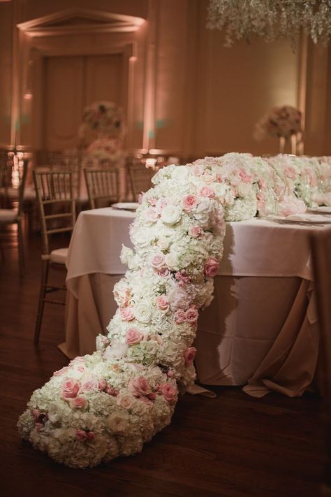 Floral Table Runners Wedding, Paris Quinceanera Theme, Floral Chandeliers, Quinceanera Theme, Unique Wedding Centerpieces, Flower Runner, Romantic Table Setting, Coral Charm Peony, Enchanted Florist