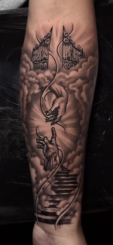 Stairway To Heaven Tattoo Forearm, Stairway To Heaven Tattoo Stencil, Heavens Gate Tattoo, Mens Tattoo Quotes, Religious Sleeve Tattoos, Heavens Gates Tattoo Design, Memorial Tattoo Sleeves, Stairs To Heaven Tattoo, Gates Of Heaven Tattoo