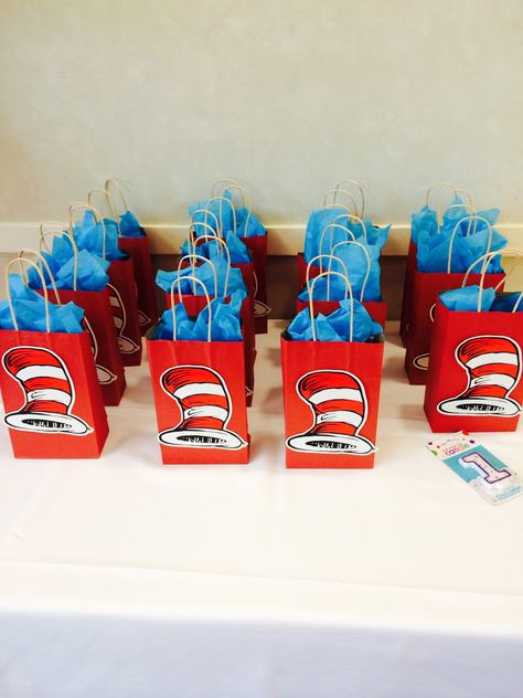 Goodie bags, cat in the hat inspire The Cat In The Hat Birthday Party, Dr Seuss Goodie Bag Ideas, Cat In The Hat Birthday Party, Cat In The Hat Birthday, Doctor Suess Birthday, Dr Seuss Party Ideas, Hat Birthday Party, Cat In The Hat Party, Dr Seuss Birthday Party