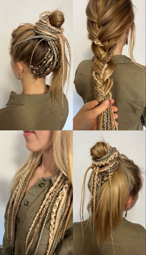 Dreadlock Short Hair, Dread Extension Hairstyles, Long Viking Hairstyles Women, Simple Dreadlocks Styles, Braid In Dreads Extensions, Partial Dreads Hairstyles, Peekaboo Dreads, Dreads Underneath Hair, Partial Dreads Placement