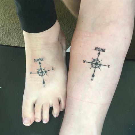 Sibling compass tattoo Mother And Daughter Compass Tattoos, Mother Daughter Compass Tattoo, Mother Son Compass Tattoo, Family Compass Tattoo, Compass Tattoo Meaning, Outdoor Tattoo, Son Tattoos, Camping Tattoo, Mother Son Tattoos