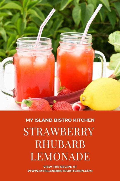 Glass mugs of Strawberry Rhubarb Lemonade Strawberry Rhubarb Lemonade, Rhubarb Lemonade, Rhubarb Juice, Bistro Kitchen, Strawberry Juice, Rhubarb Recipes, Glass Mugs, Lemon Rind, Lemonade Recipes