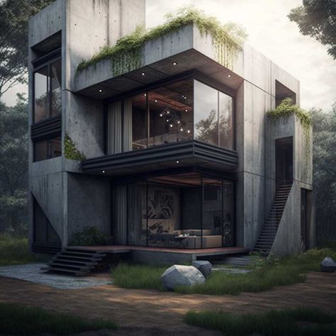 Create Your Space with Industrial Modern Home Design and Architecture • 333+ Images • [ArtFacade] Industrial House Exterior Architecture, Industrial Villa Design, Brutalist Exterior House, Overgrown Modern House, Brutalist Industrial Design, Brutalist Home Exterior, Modern Industrial Exterior Design, Modern House Concept Art, Industrial Modern House Exterior