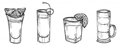 Cocktails Drawing, Drink Vector, Beer Tattoos, Bottle Tattoo, Shots Alcohol, Sketching Tips, Vodka Cocktail, Vodka Shots, Photoshop Design Ideas