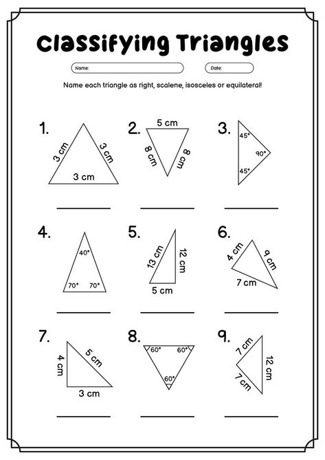 Make sure to properly identify the characteristics of each triangle and angle when completing the worksheet. Challenge yourself to understand the properties of different types of triangles and angles. #GeometryLearning #MathWorksheets #TriangleClassifying #classifyingtrianglesangles Different Types Of Triangles, Types Of Triangles, Quadrilaterals Worksheet, Classifying Triangles, Similar Triangles, Triangle Angles, Euclidean Geometry, Angles Worksheet, Types Of Angles