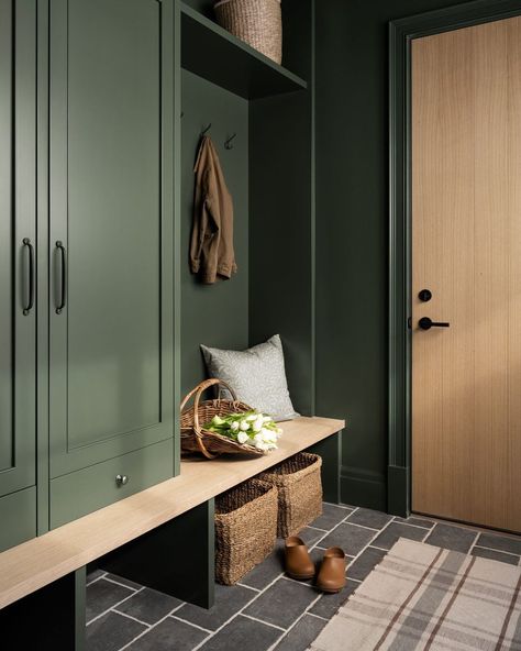 Studio McGee (@studiomcgee) | Instagram Mcgee And Co Mudroom, Mudroom Cupboards, Studio Mcgee Mudroom, Boho Mudroom, Green Cupboards, Best Cabinet Paint, Sherwin Williams Green, Small Mudroom Ideas, Mudroom Remodel