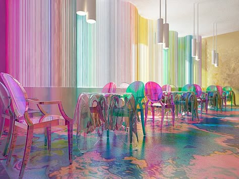 Fashion&Food restaurant on Behance Colorful Restaurant, Interior Design Exhibition, White Holographic, Spot Design, Lounge Bar, Cafe Interior Design, Food Restaurant, Cafe Interior, Cafe Design