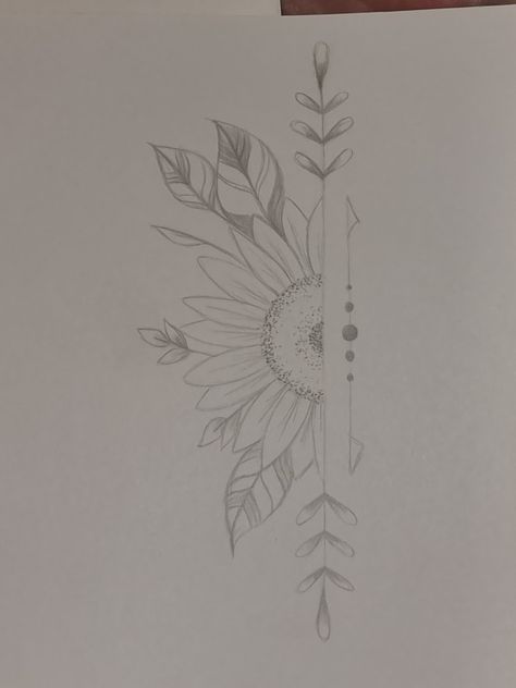 Half sunflower Arrow And Sunflower Tattoos For Women, Sunflower Half Tattoo, Sunflower Tattoo Template, Side Sunflower Tattoo, Half Sunflower Tattoo Design, Sunflower Sunset Tattoo, Forearm Tattoo Women Fine Lines, Sunflower Lily Tattoo, Flower And Text Tattoo