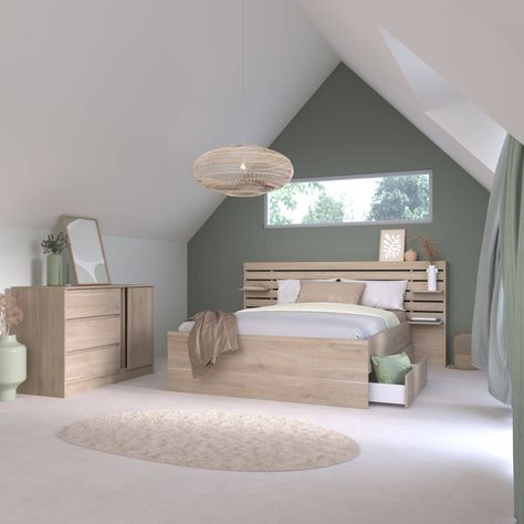 La collection Palmyre s'inscrit dans un style nature et japandi qui amène une atmosphère minimaliste et cocooning dans votre chambre.Le lit Palmyre invite à la douceur et la sérénité avec son décor chêne du Japon. L'effet bois apporte chaleur et élégance et s'associera facilement à votre déco !Ses tablettes s'utilisent parfaitement en table de nuit pour poser vos objets du quotidien ou quelques éléments de déco, tout comme la plateforme supérieure. Avec l'option 2 tiroirs, vous pouvez ajouter du Dream Spaces, Cozy Bedroom, Soft Lighting, Accent Decor, Bedroom Decor, Architecture, Bedroom, Bed, Home Decor