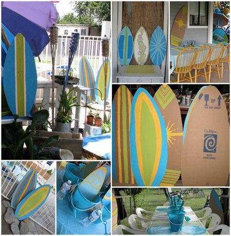 Lilo And Stitch Parade Float, Diy Cardboard Surfboard, Diy Surfboard Decor Cardboard, Diy Surfboard Decor, Homecoming Floats, Surf Party, Hawaiian Party Decorations, Luau Theme Party, Hawaiian Luau Party