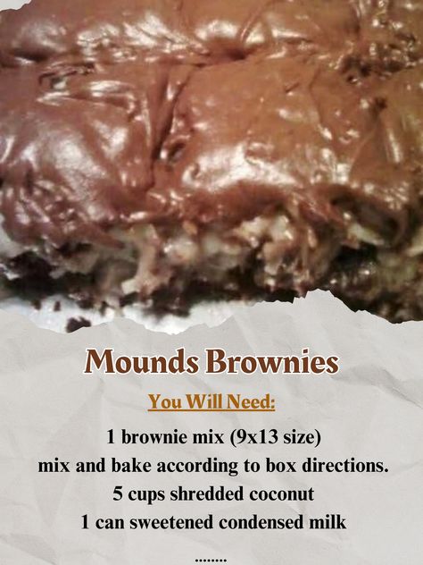 Mounds Candy Bar Brownies Mounds Bar Cake, Mounds Brownies, Candy Bar Brownies, Mounds Cake, Mounds Candy, Brownie Desserts Recipes, Creative Dessert Recipes, Frog Eye, Brownie Toppings