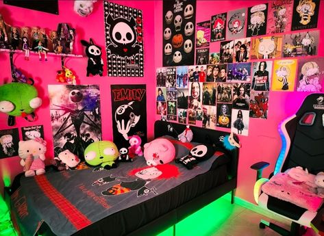 Emo Scene 2000s Room, Scenecore Room Decor, Scene Bedroom 2000s, Invader Zim Room, Emo Room 2000s, 2000s Emo Room, Scene Bedroom Ideas, Scenecore Room, Scene Kid Bedroom