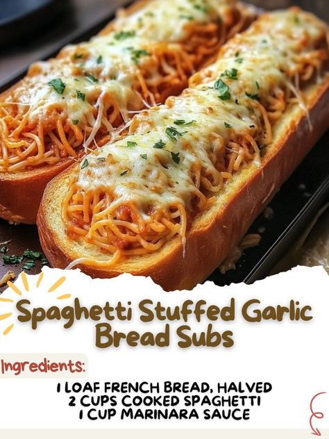 Heavenly Recipes Hub Spaghetti French Bread, Spaghetti Stuffed Bread, Garlic Bread Spaghetti Waffle Sandwich, Spaghetti Boats Garlic Bread, Spaghetti Stuffed Garlic Bread Subs, Spaghetti Stuffed Garlic Bread, Stuffed Garlic Bread, Frozen Garlic Bread, Heavenly Recipes