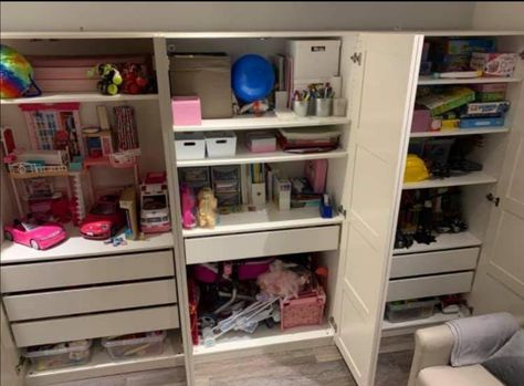 Ikea pax wardrobe used for toy storage Ikea Pax Playroom Storage, Ikea Pax Toy Storage, Pax Toy Storage, Ikea Pax Kids Room, Toy Cupboard, Shared Girls Room, Ikea Wardrobe, Ikea Pax Wardrobe, Basement Playroom