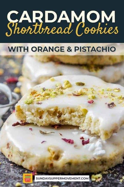 Bring your typical shortbread cookie recipe to a whole new level with a little cardamom spice! Orange Cardamom Cookies are the perfect elegant addition to your holiday cookie platter. With a crumbly shortbread cookie base, easy icing recipe, and chopped pistachios, these cardamom butter cookies are uniquely delicious! #SundaySupper #cardamom #cardamomcookies #cookies #cookierecipe #easyrecipes #baking #desserts #holidayrecipes Cookies Orange, Easy Icing Recipe, Cardamom Recipe, Cardamom Cookies, Easy Icing, Orange Cardamom, Cookie Base, Cookie Platter, Recipes With Few Ingredients