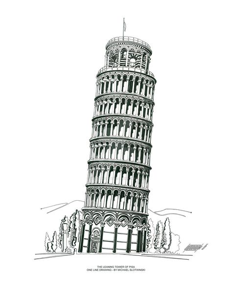 The Leaning Tower of Pisa - One Line Drawing by SlotsArtStudio Leaning Tower Of Pisa Drawing, Pisa Tower, The Leaning Tower Of Pisa, Building Sketch, Famous Architecture, Tower Of Pisa, Arte Alien, Building Drawing, Architecture Sketchbook