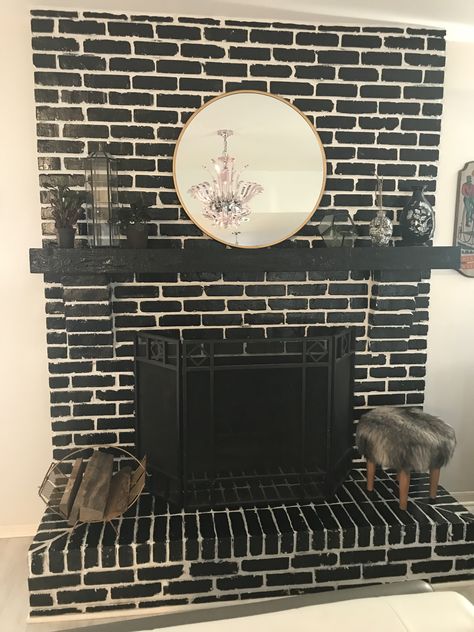 Black brick fireplace Exterior Brick Fireplace, Black Brick Fireplace, Fireplace Chimney, Mid Century Modern Black, Victoria House, Black Brick, Brick Fireplace, Exterior Brick, Outdoor Projects