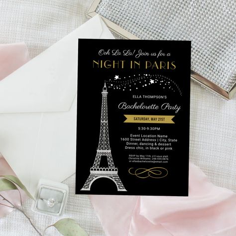 Night in Paris Eiffel Tower Bachelorette Party Invitation Paris Birthday Invitations, Paris Bridal Shower Ideas, Pink Engagement Party, Gold Engagement Party, French Inspired Wedding, Retro Wedding Invitations, Pink Engagement, Night In Paris, Paris Birthday